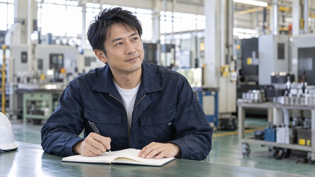 工場で経験を振り返り、今後の働き方をノートに整理する生産技術者