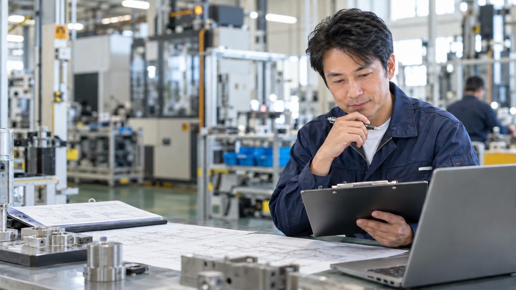 海外工場への生産移管資料を確認する生産技術者