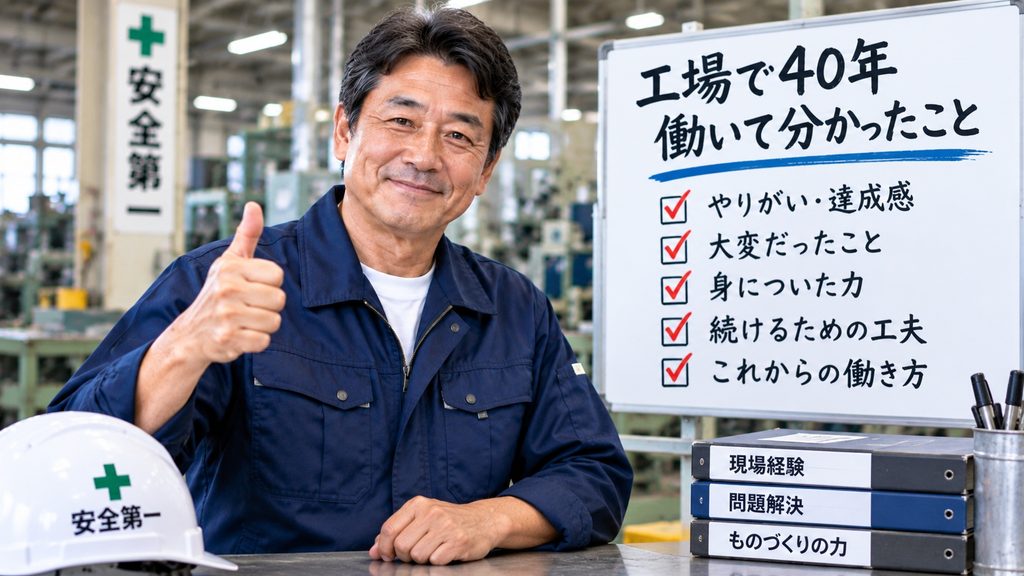 高卒から工場で40年働いた経験を振り返り、仕事で学んだことを伝える50代男性作業員