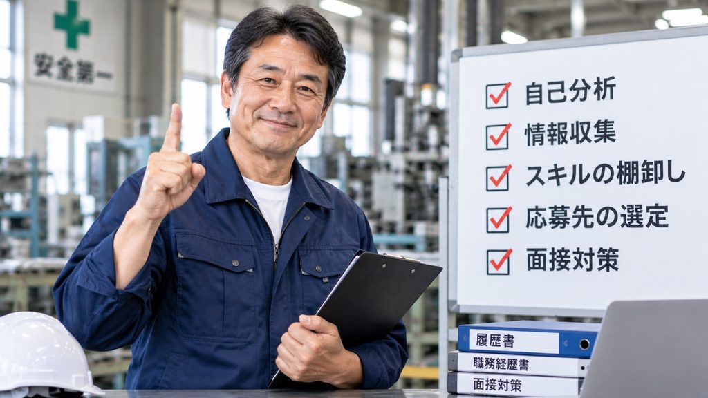 高卒で工場から転職するときに大切な自己分析や情報収集について説明する50代男性作業員