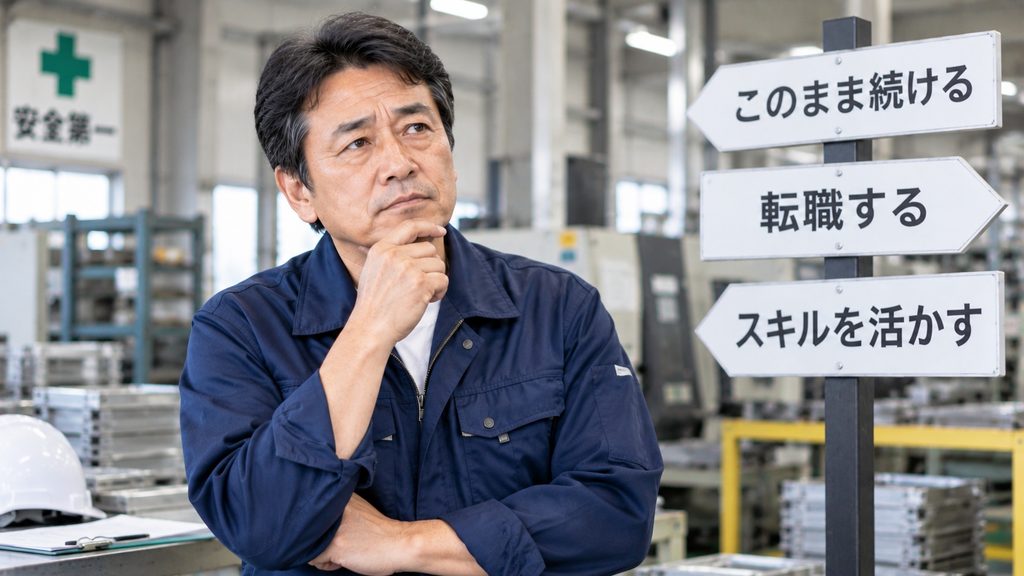 工場勤務を続けるか転職するか、今後の働き方について考える50代男性作業員