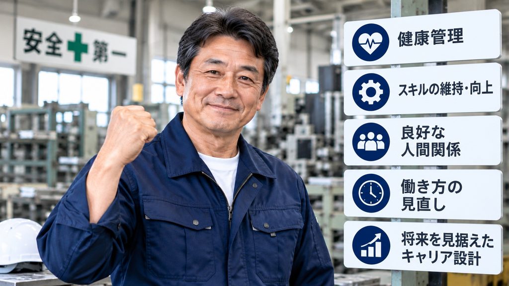 40代・50代になっても工場勤務を続けるために必要な健康管理やスキル向上、働き方を表現した50代男性作業員