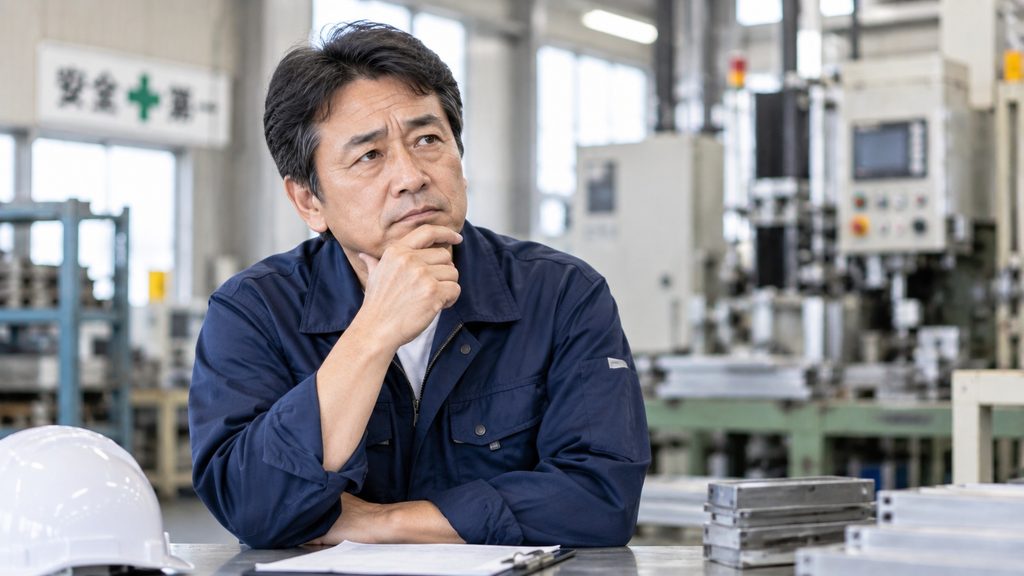 高卒で工場勤務を続けることに不安を感じ、工場内で将来について考える50代男性作業員