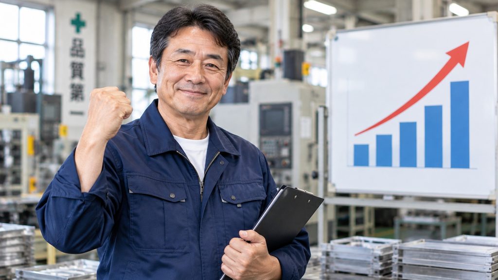 高卒の工場勤務でも経験やスキルを積むことで年収アップを目指せることを表現した50代男性作業員