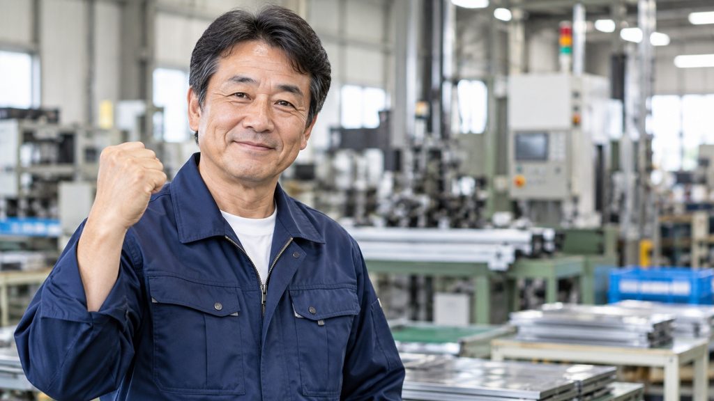高卒で工場勤務を続けるメリットを表現した、工場内で前向きな表情を見せる50代男性作業員