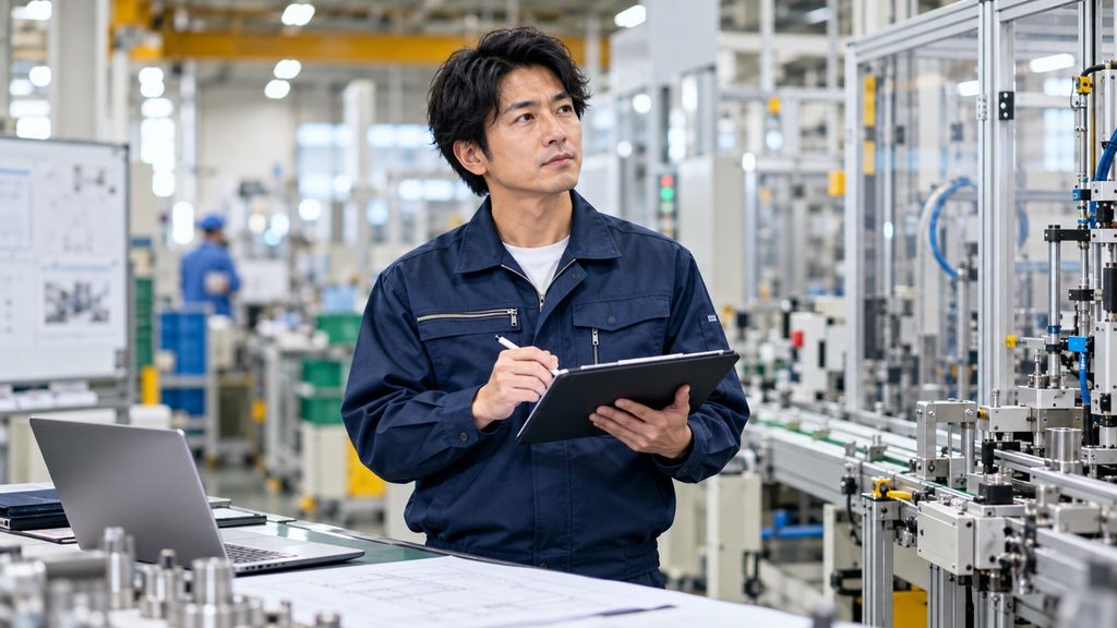 工場の現場で設備や工程を確認しながら生産技術職を目指す男性