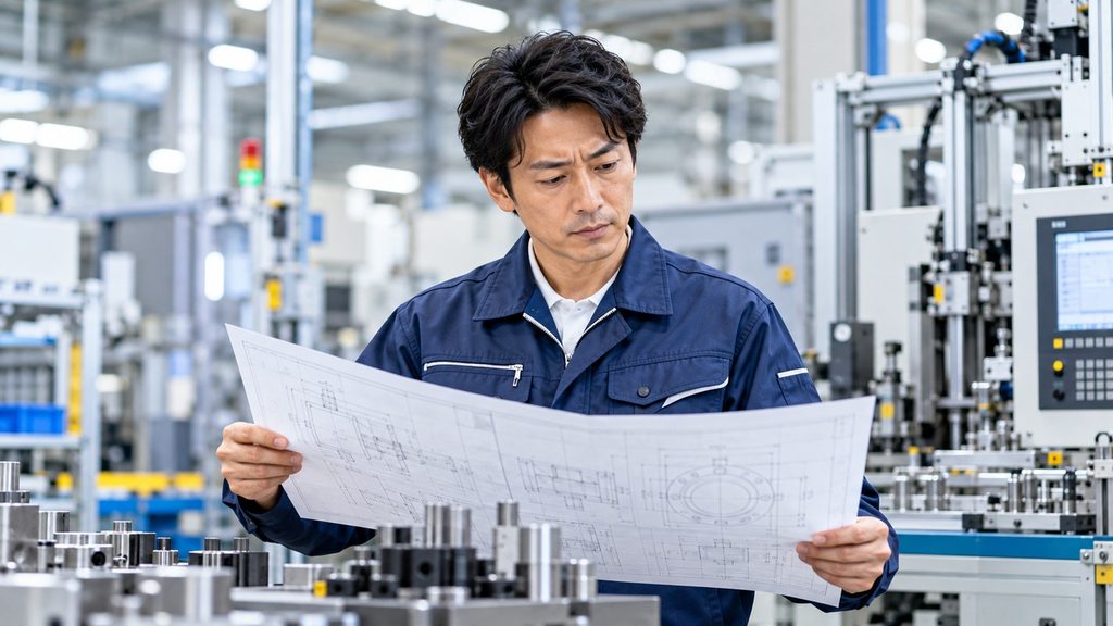 工場で機械図面を確認する紺色の作業着を着た生産技術エンジニア