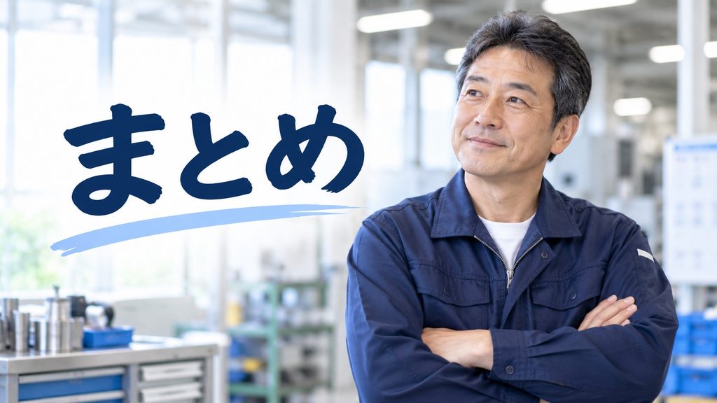 工場で働く50代男性と「まとめ」の文字を配置したまとめ用アイキャッチ画像